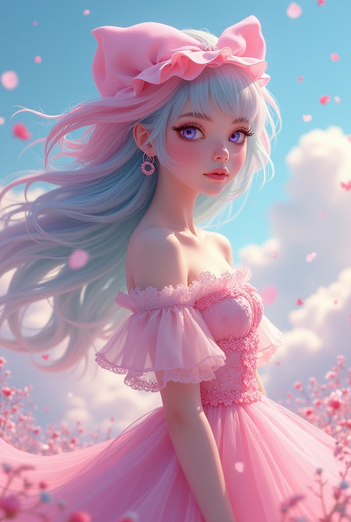 Character with pink hair and pink eyes, pink blouse, purple skirt and white shoes