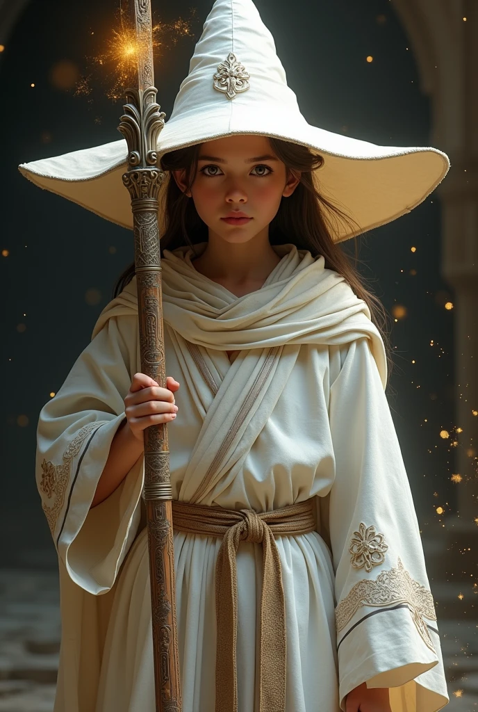 White young mage, serious expression, ocidental eyes and face, strong body, wears a antique white robe and a antique white ponting hat, holds a magic staff. Dark background with some golden light and some golden particles all over the mage