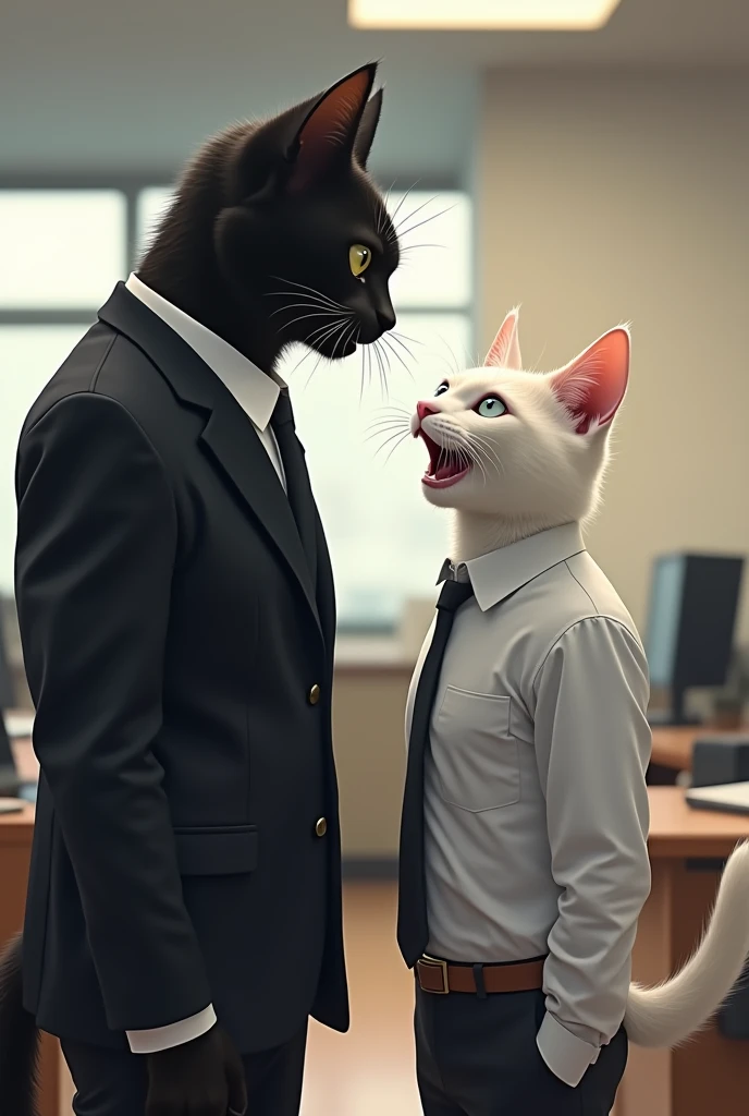 A shocked tall white cat dressed in pant and shirt is flired by his angry boss cat dressed in black suit in office