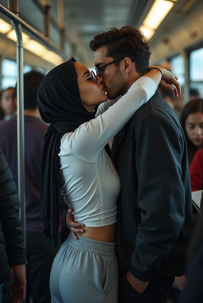 Black headscarf on a crowded bus, white long sleeve t shirt,glasses grey sweatpants, Sexy woman in white stockings kissing a man