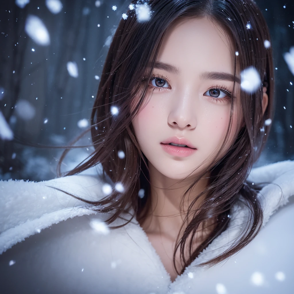 a snowy landscape, dark canvas, transparent sparkling snowflakes falling, transparent holographic reflections, surreal scenery created by snowflakes, leaves the viewer speechless, beautiful world, 1girl, detailed eyes, detailed lips, extremely detailed face, long eyelashes, beautiful detailed portrait, elegant, serene expression, winter, high quality, 8k, photorealistic, hyperrealistic, studio lighting, physically-based rendering, vivid colors, cinematic lighting, dramatic lighting, soft lightin