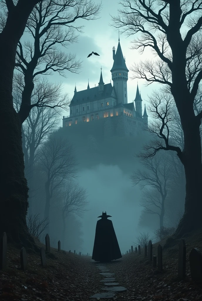 TRANSYLVANIAN FOREST WITH DRACULA IN HIS CASTLE BEING SEEN FROM AWAY.