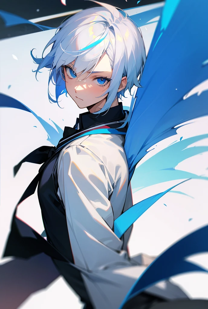 High school boy with short white hair and anime blue eyes, At 18 in school uniform 