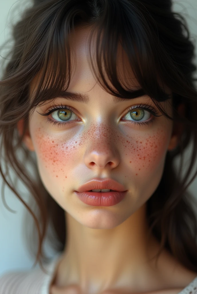 the profile of a bruenette young women with long curtain bangs hair, green eyes, a lot of freckles, a chubby face, long lashes and full lips. On a white background. (photorealism 1:5)