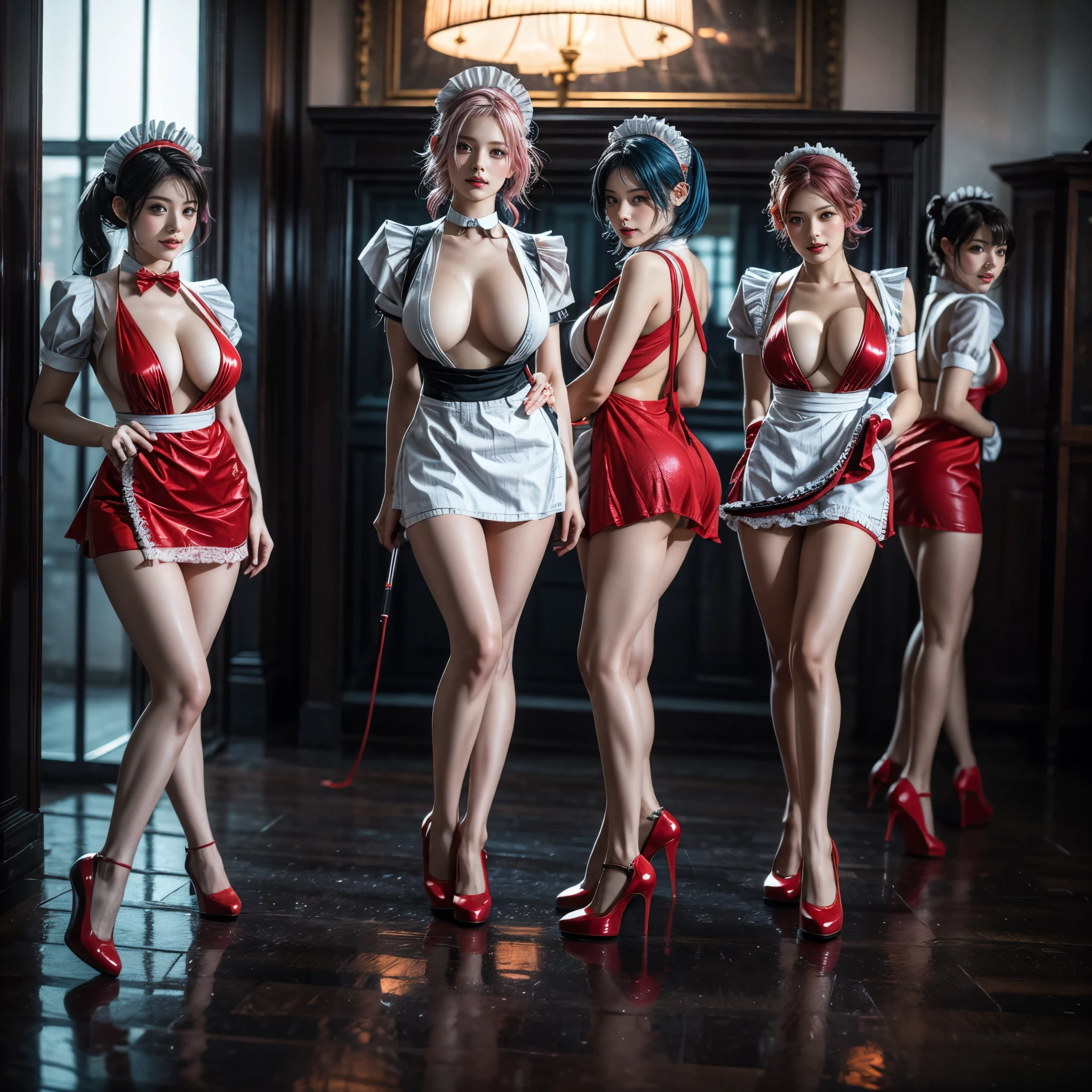 (Full Body of Extremely Detailed((Sexy Maid Group in a row:1.37))), KAWAII perfect face with Reflective Eyes, Detailed(Delicate Clothing textures), Correct Graceful Legs, Dynamic Joyful Expressions LifeLike Rendering, Specular Reflection, TopQuality 8K Ultra-detailed masterpiece (ProfessionalPhoto:1.37), (Acutance:0.8), (Luminism:1.28), Renaissance art style, Colorful Light particles, (Full body from side) {MicroMini Skirt|Kissing Face to Face|Thigh Gap|Cute Peach AssFocus|(NakedApron with (Overflowing Sideboob))}, Radiant Fine Skin with Transparency, (Exposed:0.4) {Pink Hair|LightBlue Hair|Blonde|Pure White Hair|Liquid Hair|Red Shoes}, Perfect Lighting