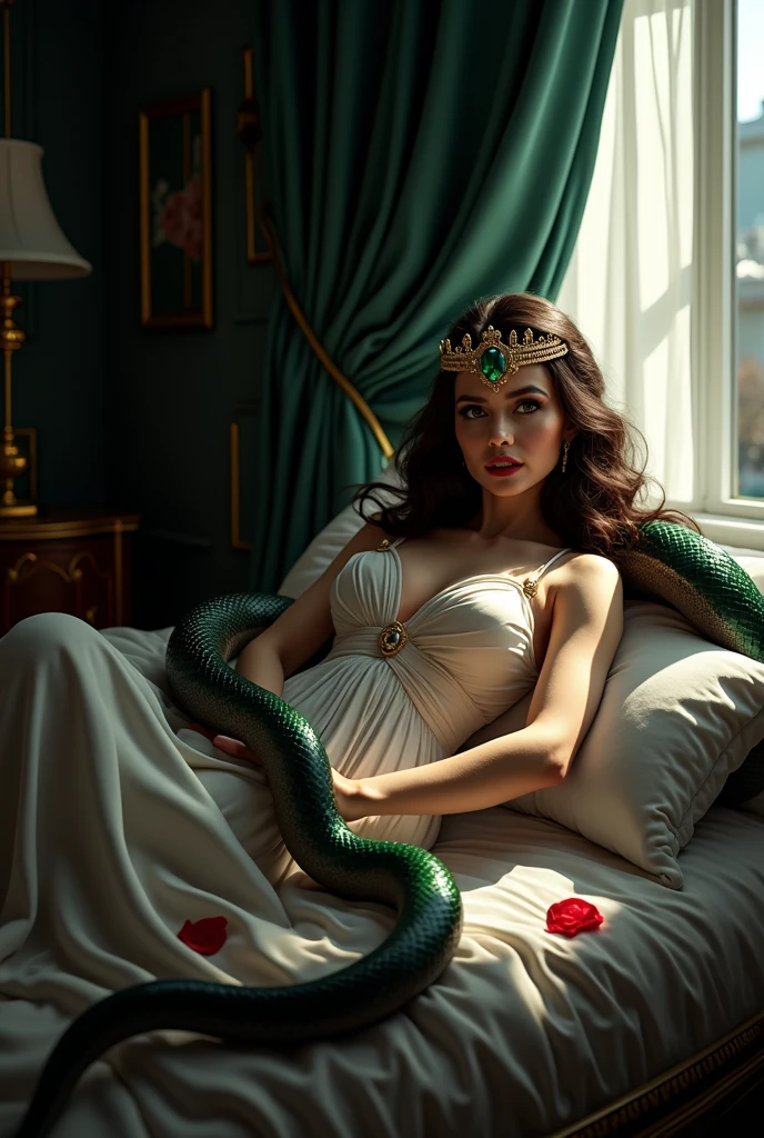 femme araffe en robe blanche sur un lit avec un serpent, reine des serpents, Maxime Soukharev, Alexeï Egorov, dame séduisante, beaucoup de Merlot, Femme serpent, inspiré par Hedi Xandt, femme splendide, tenant un serpent vert dans ses bras, Anna Nikonova alias Newmilky, magnifique femme, Ekaterina, jeune déesse, chat noir, grosse poitrine, chat noir, diadème émeraude vert et or, décolleté généreux, pétale de rose rouge , chambre luxueuse, palace, marbre
