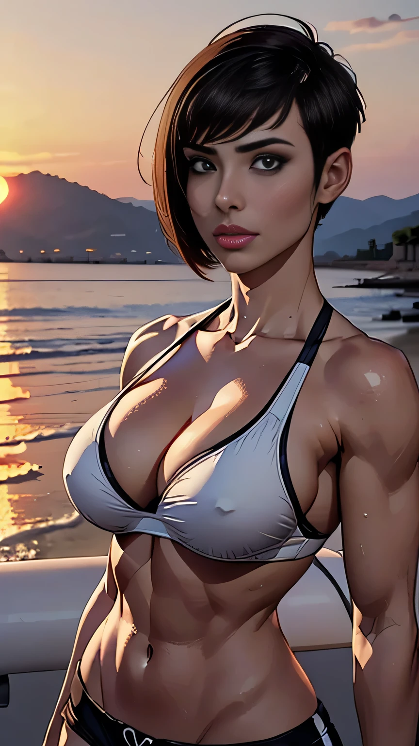 photo of mlp Meowko, RAW, beautiful woman, ((portrait)), ((detailed face:1.2)), ((anime, face, anime facial feature, clear skin, glossy lips, shiny luscious lips, clear skin), (short lesbian haircut, brunette: 1.55), (perfect proportioned body, Strong, muscular, narrow waist, narrow hips, skinny, large breasts, cleavage) (wearing sports bikini, short shorts), (Beach sandy, sunset on the water, evening), (realistic photo, best quality, detailed), (8k wallpaper), (cinematic lighting, beautiful light, (day:1.3)) (sharp focus, intricate)