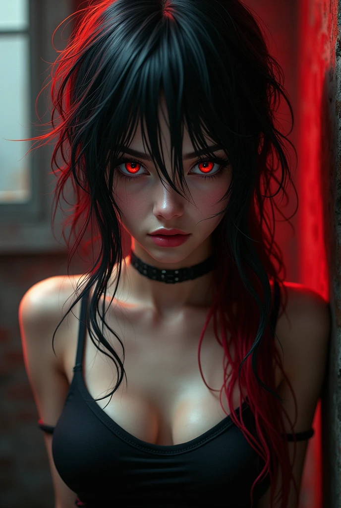 best quality, intricate details, chromatic aberration, 1girl, long hair, black hair, messy hair, red highlights, hair over one eye, red eyes, sharp eyes, choker,, , armbinder, arms behind back, bound arms,