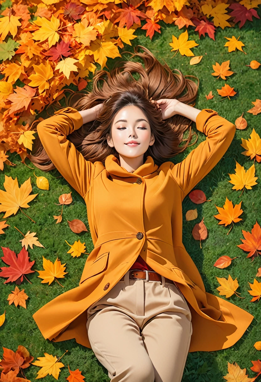 The image shows a person lying on the ground amidst a pile of autumn leaves. Their arms are bent, with hands resting behind the head, creating a relaxed pose. The ground is covered with green grass and scattered, colorful leaves in various shades of brown, orange, and yellow, indicative of the fall season. The person appears to be enjoying a leisurely moment outdoors surrounded by the beauty of autumn.