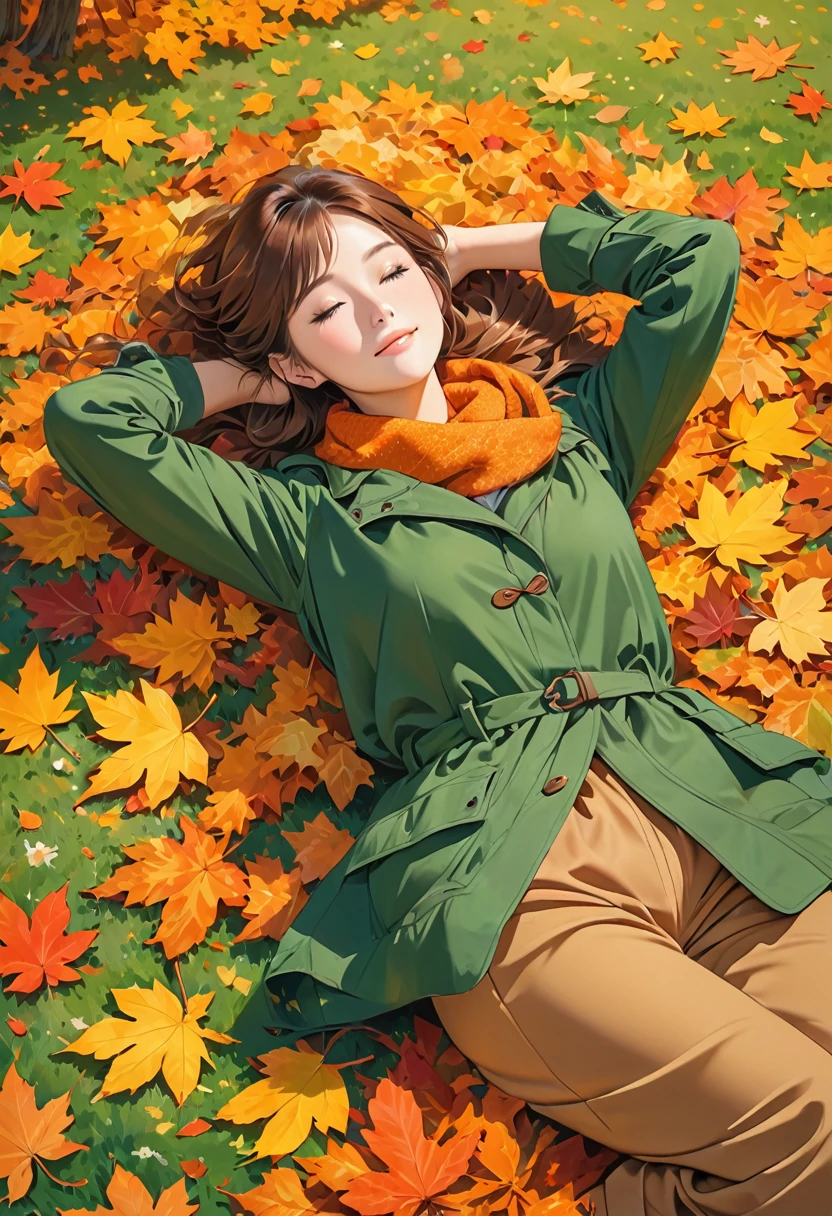 The image shows a person lying on the ground amidst a pile of autumn leaves. Their arms are bent, with hands resting behind the head, creating a relaxed pose. The ground is covered with green grass and scattered, colorful leaves in various shades of brown, orange, and yellow, indicative of the fall season. The person appears to be enjoying a leisurely moment outdoors surrounded by the beauty of autumn.