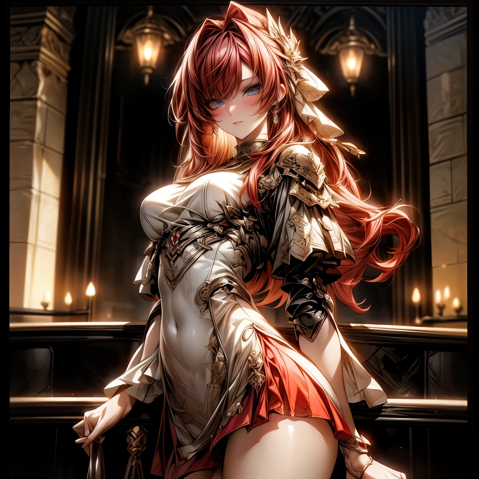 (best quality)), ((Masterpiece)), (details:1.4), 3d, HDR (high dynamic range), an image of a beautiful cyberpunk female, Cyberpunk, fantasy, medieval, red hair, Curtain Bangs, Hips up, Beautiful white eyes, จมูกโด่ง, ปากแดง, หน้าอกใหญ่, nvidia RTX, PBR surface, After processing, Anisotropic filtration,depth of field, Maximum clarity and clarity, multi-layered surface, Subsurface scattering, perfect proportions, 8K raw files, ultra detailed, Perfect proportions, volumetric lighting, soft lighting, Holy Paldin, Heavy Golden Armor, glossy skin, Castle background, jewely, ต่างหู, นิ้วมือสมบูรณ์, mini red skirt,