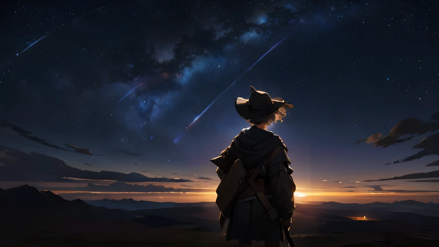 6. A figure looking out over a vast, empty plain, the wind whipping their clothes, under a starry sky, showing the isolation and intensity of revolutionary thought. Rembrandt