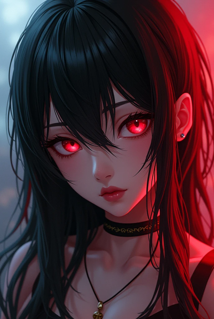 best quality, intricate details, chromatic aberration, 1girl, long hair, black hair, messy hair, red highlights, hair over one eye, red eyes, sharp eyes, choker