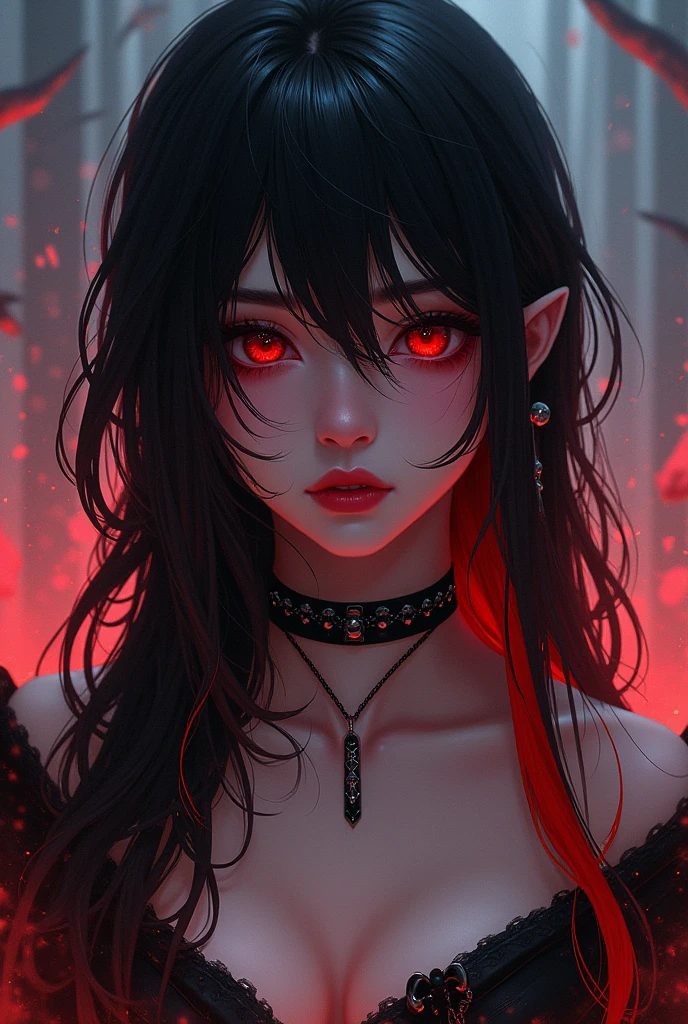 best quality, intricate details, chromatic aberration, 1girl, long hair, black hair, messy hair, red highlights, hair over one eye, red eyes, sharp eyes, choker