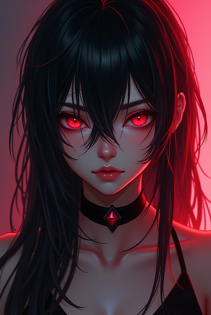 best quality, intricate details, chromatic aberration, 1girl, long hair, black hair, messy hair, red highlights, hair over one eye, red eyes, sharp eyes, choker