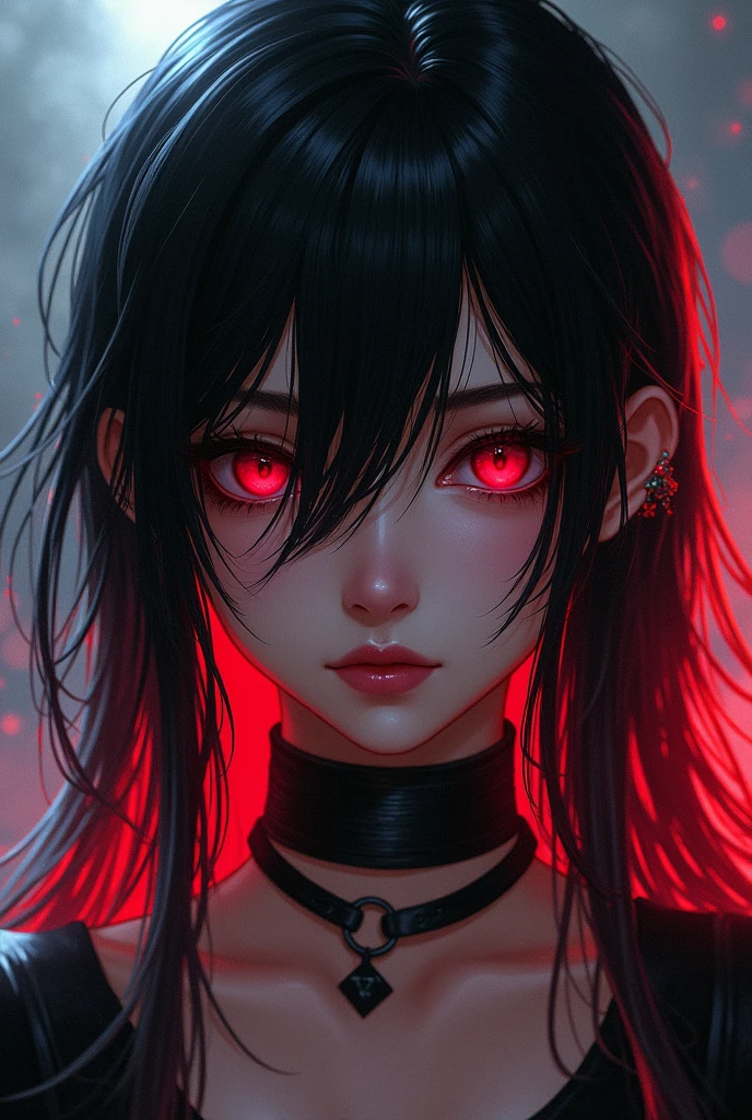 best quality, intricate details, chromatic aberration, 1girl, long hair, black hair, messy hair, red highlights, hair over one eye, red eyes, sharp eyes, choker