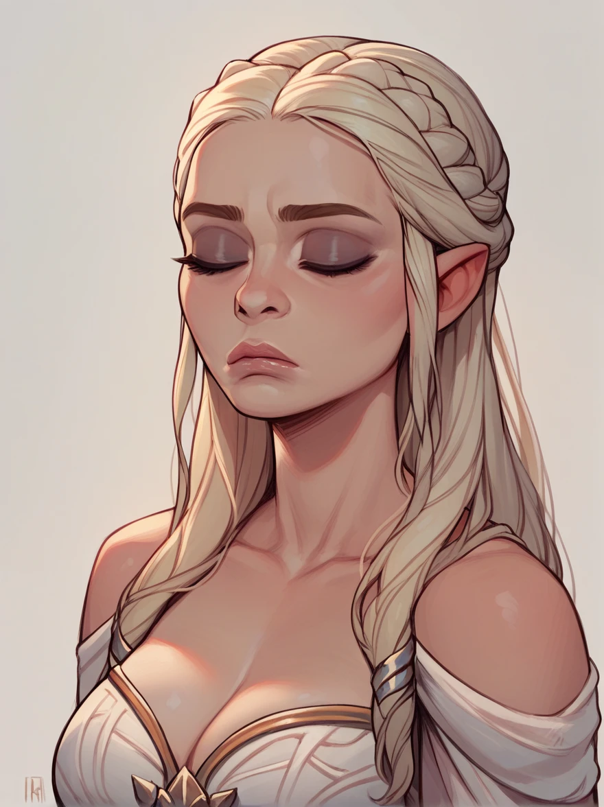 score_9, score_8_up,score_7_up, score_6_up, score_5_up, score_4_up, woman, best quality, highres, portrait, solo, beautiful, makeup, soft lips, daenerys (bored), large cleavage,  beautiful dragon dress, (((simple background))) with a circle, eyes closed