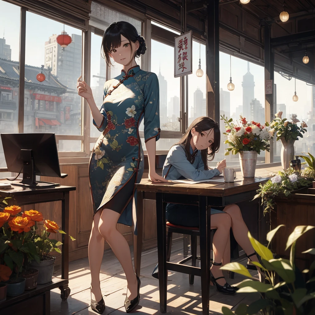 Old Shanghai,Miss,cheongsam,poster,Outlook,flowers, office lady,