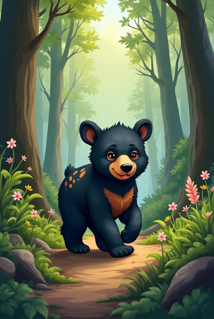 Logo of a black baby brown spotted bear walking in a forest