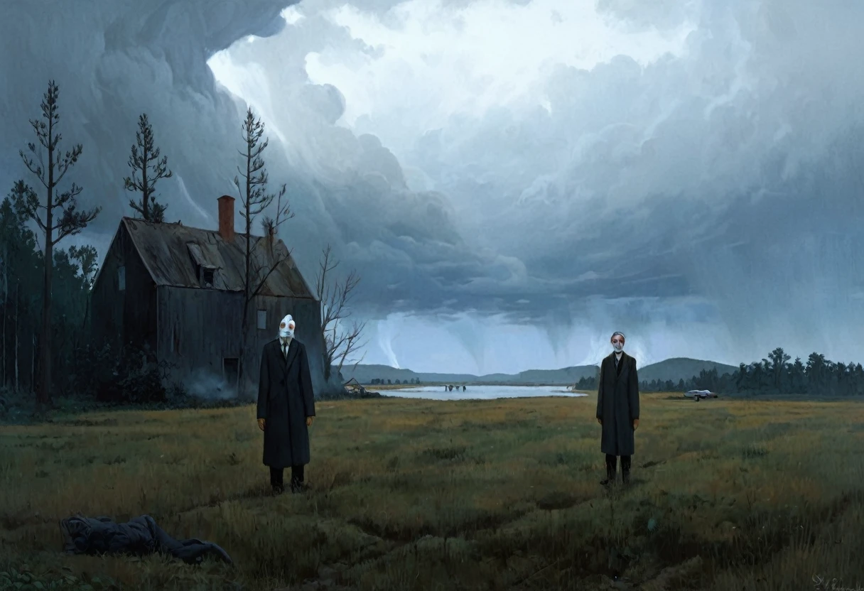 A gritty true crime drama reimagined as an oil 0ai ting, narrative art, a boy wearing a white macabre gas mask, scary, (((Futuristic fables and fantastical folklore))), (Lovecraftian horror:1.4), A grim Kansas haunting in an abandoned town, dark tales, ((A surreal science-fiction painting)), Zdzisław Beksiński, Simon Stålenhag, Denis Sarazhin, Ominous sky, Wayne Barlowe, Alex Colville. A deeply disturbing narrative is unfolding here, dieselpunk, gripping art, unnerving, unsettling, visually immersive art, sinister vibes, raw, vivid and gritty storytelling Art, detailed