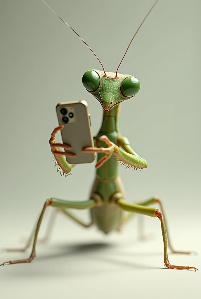 An image of a praying mantis holding the screen as if taking a first-person selfie