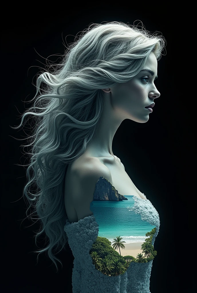 A mesmerizing double exposure masterpiece by the prodigious artist Jinxit, ON A BLACK BACKGROUND/capturing a captivating woman with asilhouetted profile, bathed in a mystical silver glow. Her enchanting gaze draws the viewer in, while her long wavy hair harbors a serene miniature beach paradise. The artwork symbolizes the harmonious connection between nature and artistry, inviting the viewer to explore the depths of their own imagination. In this 8K resolution creation, Jinxit masterfully blends elements of cinematic, fashion, typography, poster, 3D render, graffiti, illustration, painting, photo, and portrait photography. The piece celebrates the beauty of nature and encapsulates the essence of vibrant,