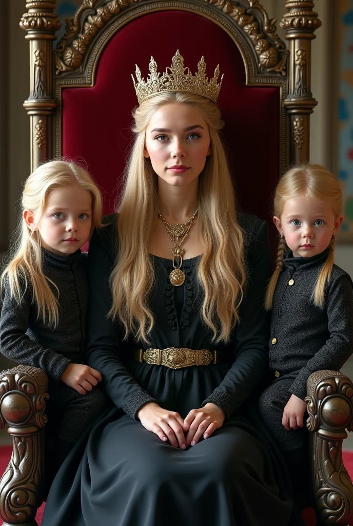 A 20 year old woman with blonde hair and golden strands, wearing a crown, sansa stark style dress dark clothes. By your side two blond twin babies, one and one .
Next to them are the father, a man with a crown, john snow style sitting on thrones