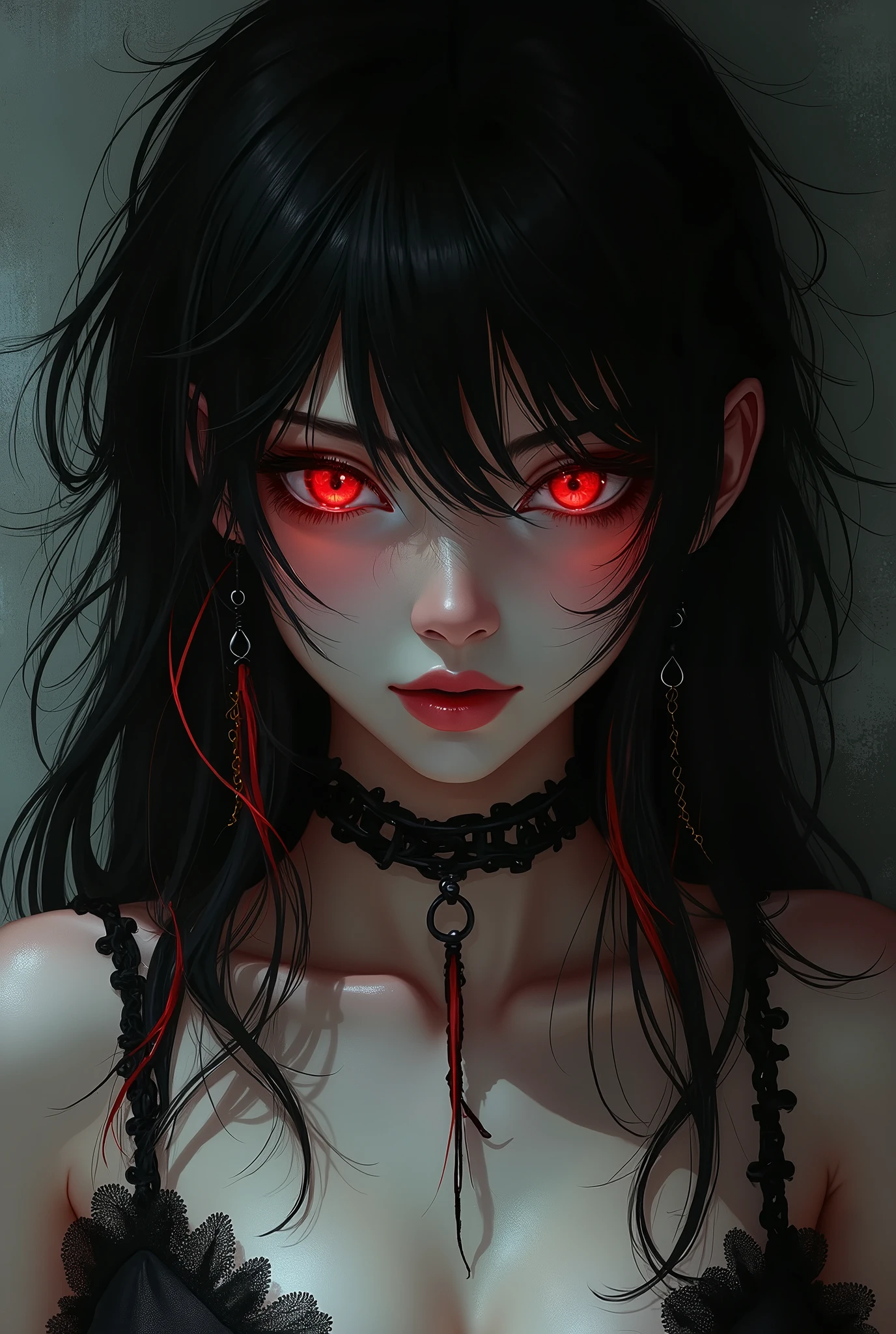best quality, intricate details, chromatic aberration, 1girl, long hair, black hair, messy hair, red highlights, hair over one eye, red eyes, sharp eyes, choker,, , armbinder, arms behind back, bound arms,