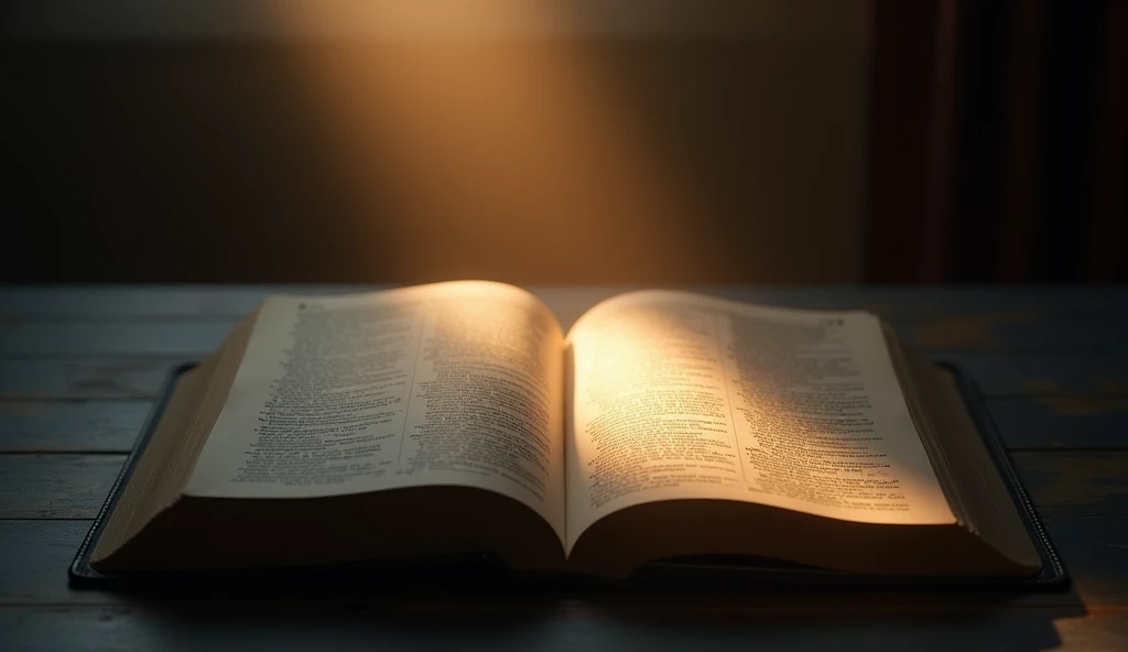 An illuminated Bible opened to Romans 8, with the words 'No condemnation for those in Christ Jesus' glowing on the page. The scene is set in a quiet, dimly lit room with a single ray of sunlight highlighting the text, symbolizing the freedom and grace found in Christ."