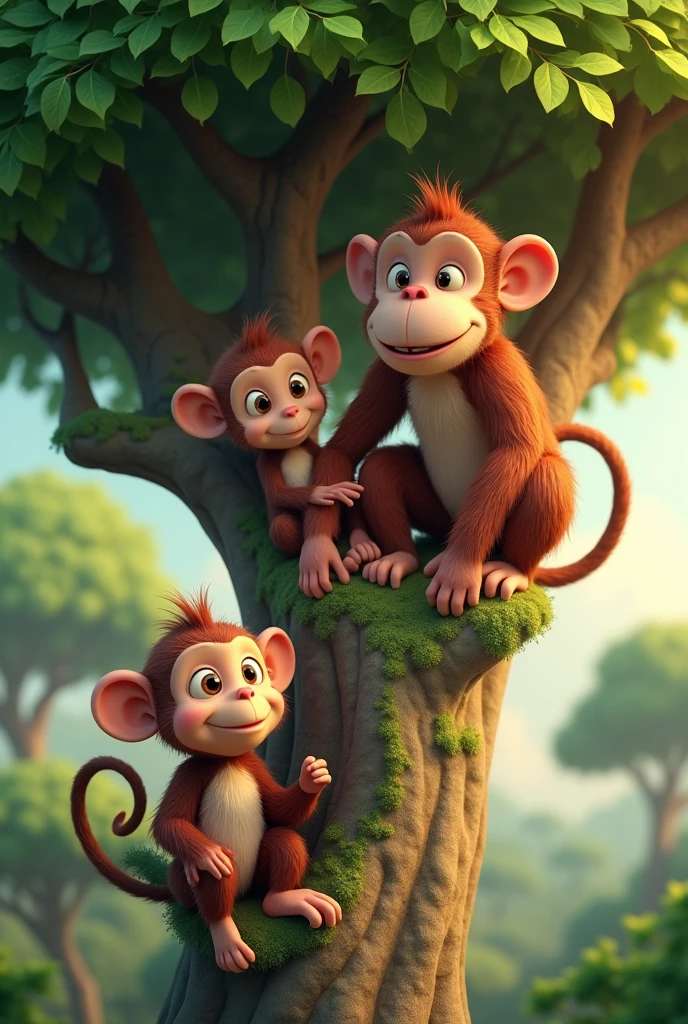 A little monkey, a medium sized monkey and a large monkey on top of a tree, 3D cartoon style, cinematic