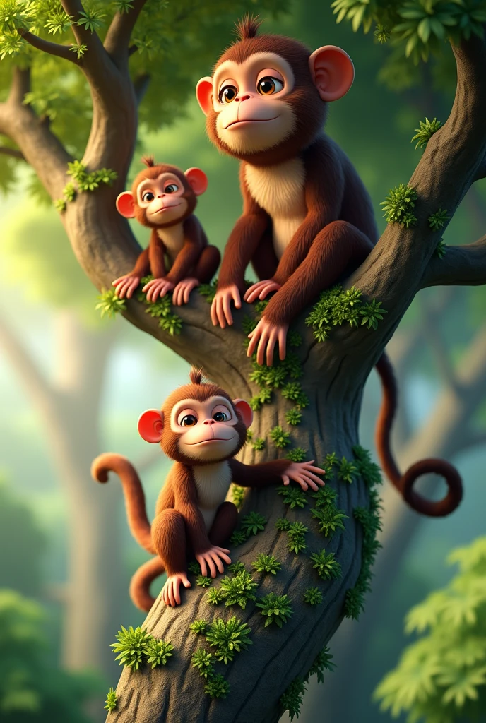 A little monkey, a medium sized monkey and a large monkey on top of a tree, 3D cartoon style, cinematic