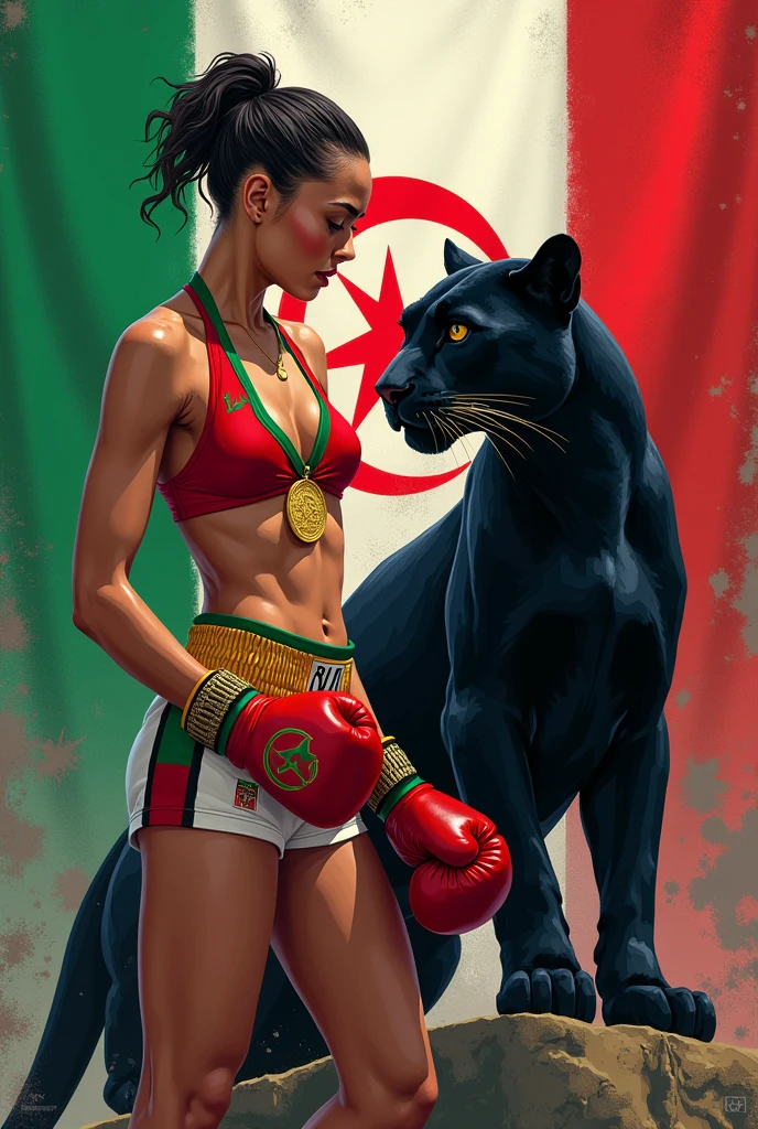 Le drapeau algérien de couleur vert blanc croissant de Lune Étoile 5 branches de couleur rouge une femme algérienne boxeuse avec la médaille d'or autour du cou plus une panthère e à côté d'elle