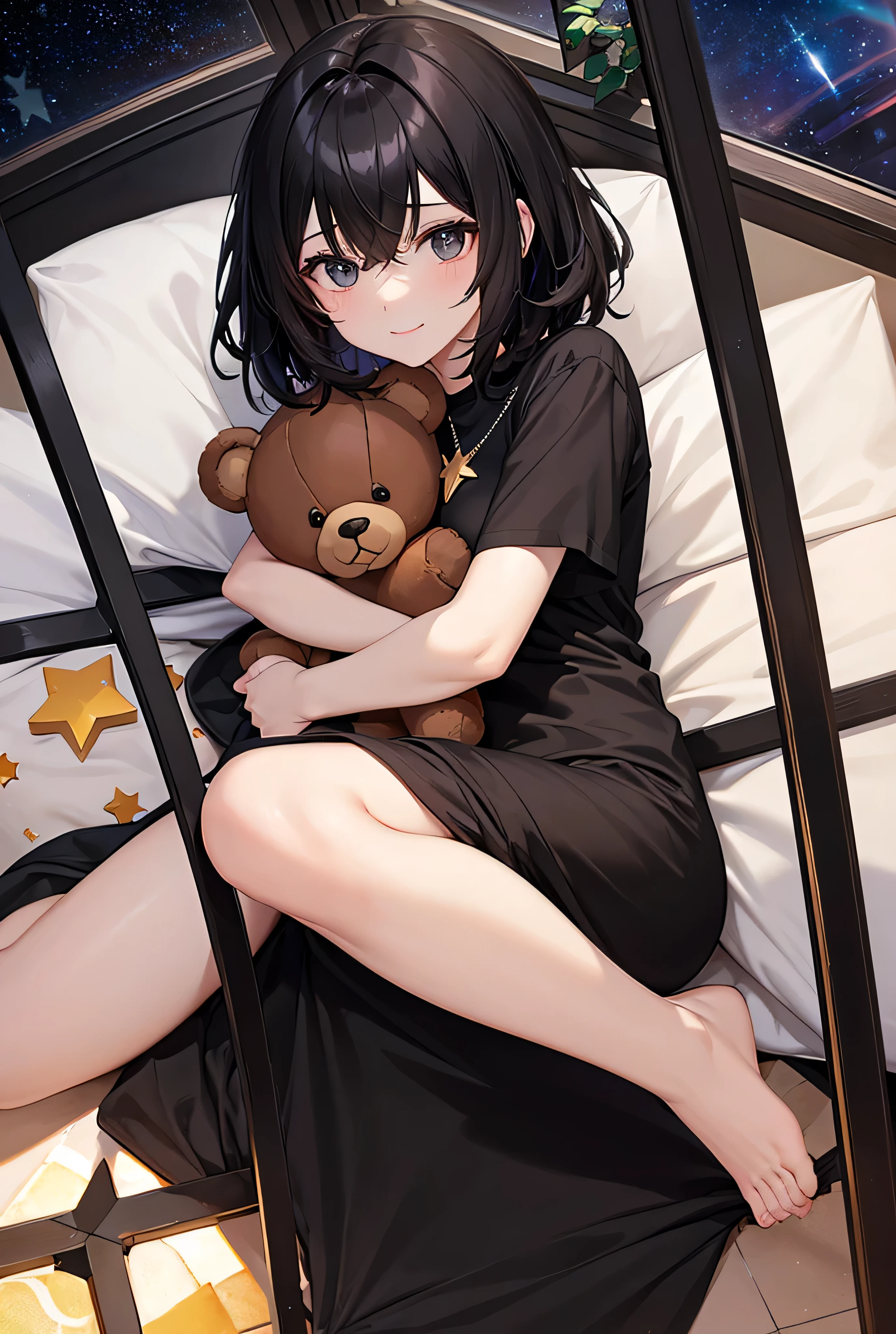 high resolution, ssmile, shorth hair, Bblack hair, view from above, pale skin, black eyes, longye hair, lying in a bed with black covers, black tee, Star of Israel necklace, under the light of the stars emitted by a stained glass window, hugging a dark brown teddy bear