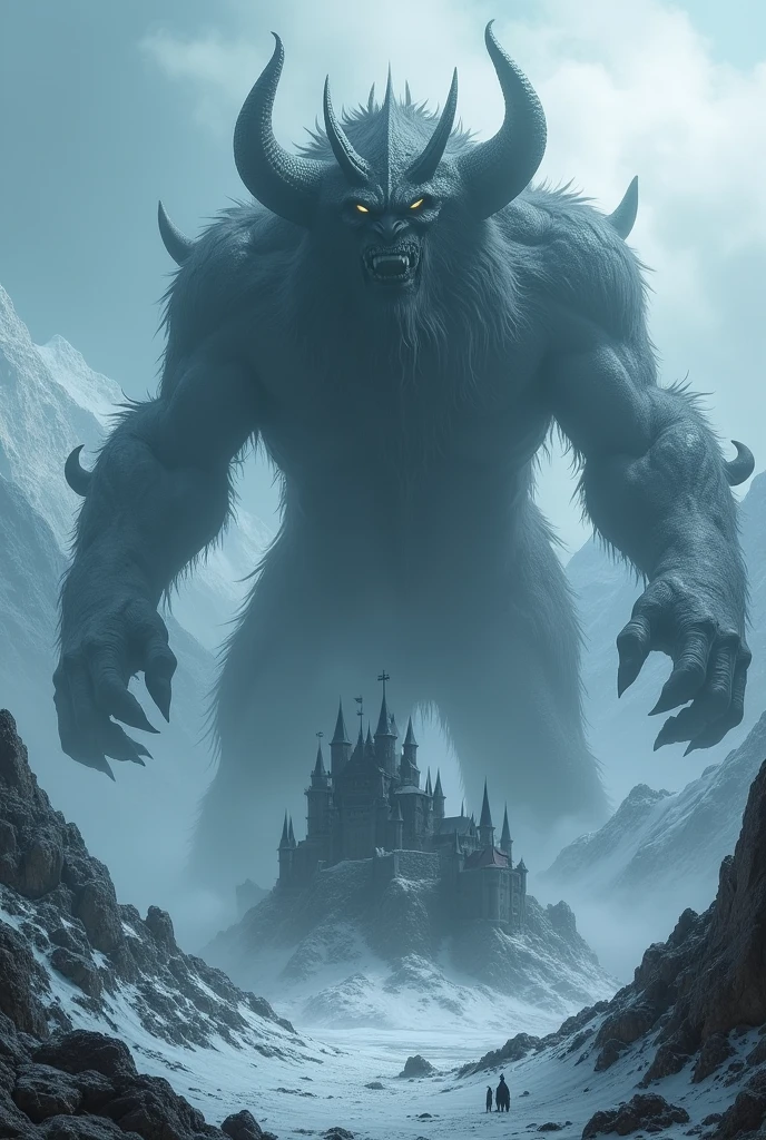 Image of a huge demon god the size of a mountain. He is about to destroy the black colored castle. It has hooves on its feet and must be the size of a tower. He is in the medieval period. In a snowy place full of mountains 