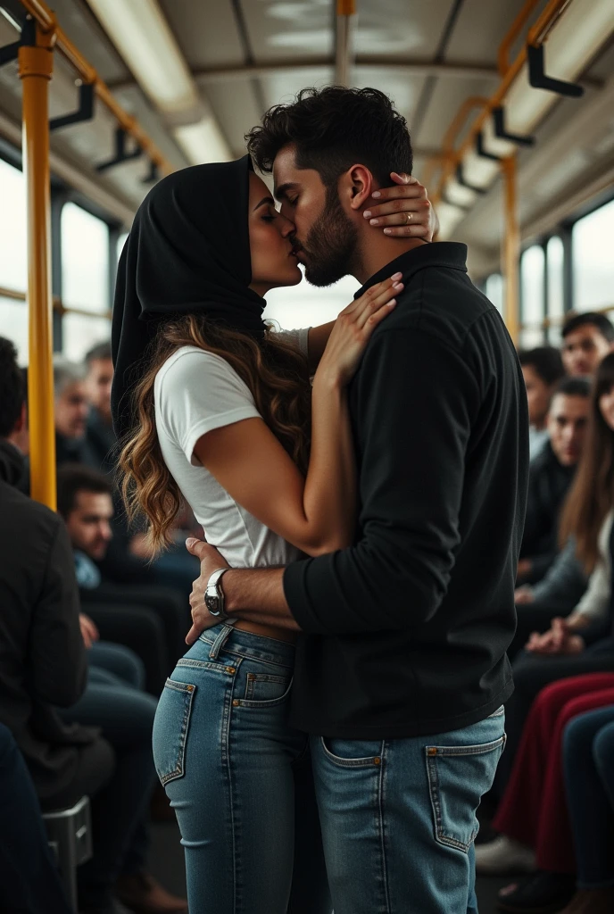 Black headscarf on a crowded bus, white long sleeve t shirt, Sexy woman in jeans kissing with man 