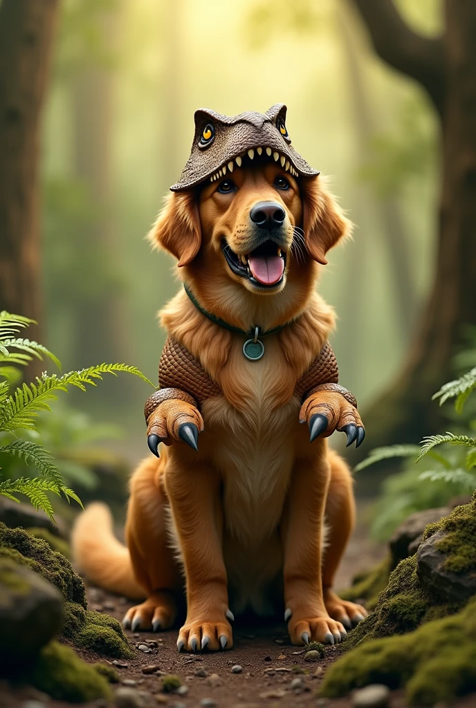Golden retriever dog dressed as a dinosaur 