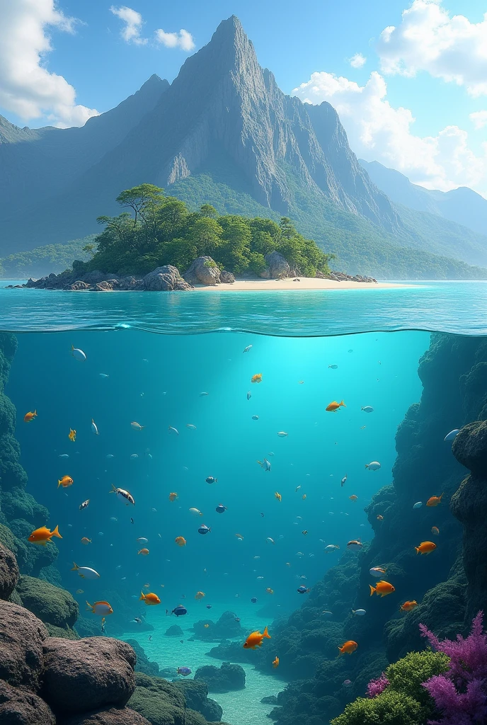 Make a background of an island with mountains behind and several fish underwater