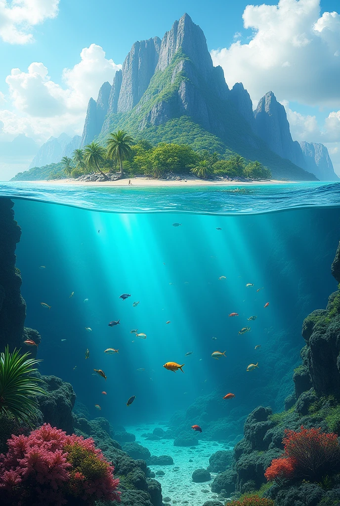 Make a background of an island with mountains behind and several fish underwater