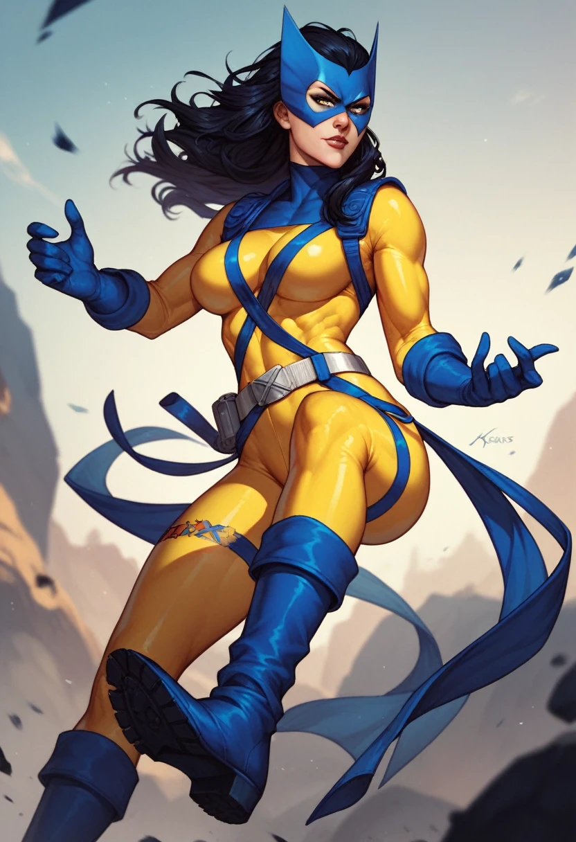 1girl, x-men, long black hair, yellow helmet, blue wolverine mask, yellow bodysuit, dark blue sides, silver belt, dark blue gloves, dark blue high boots, katars