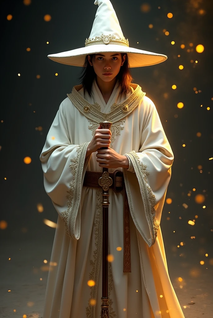 White young adult mage, serious expression, ocidental eyes and face, strong body, wears a antique white robe and a antique white ponting hat, holds a magic staff. Dark background with some golden light and some golden particles all over the mage. Medieval style.
