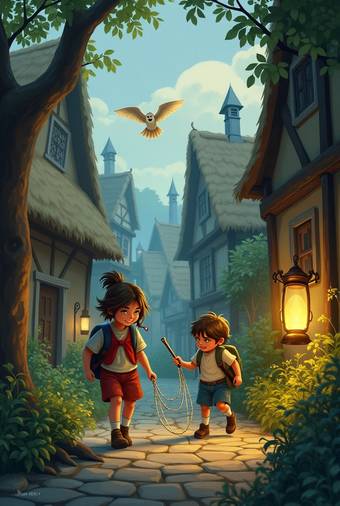 A picture of a girl and a boy hunting an owl in a village