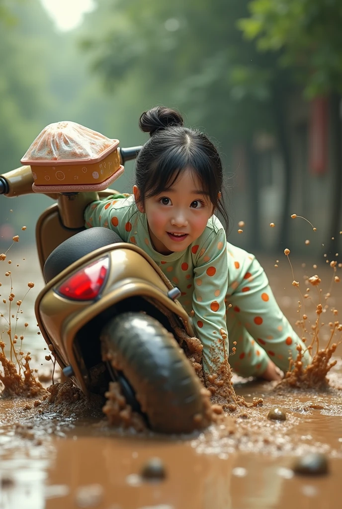 A hyperrealistic image of a young Asian woman with a shocked expression, wearing polka dot pajamas and fluffy slippers, slipping and falling in the mud, with a little green dragon also slipping and falling, both in a humorous pose. The scene should capture the scooter stuck in the muddy area, with the rear wheel spinning and flinging mud around, as the ground is wet and slippery. The mud should be splashing dynamically, and there should be lunch boxes in a plastic bag hanging from the scooter.
