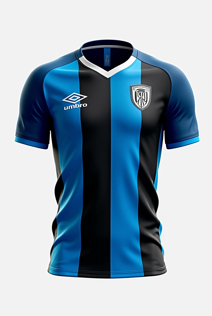 Create an Umbro branded football shirt, of the Grêmio Football Portoalegrense team with thick sky blue and black stripes, with thin white stripes dividing the black and blue stripes.
