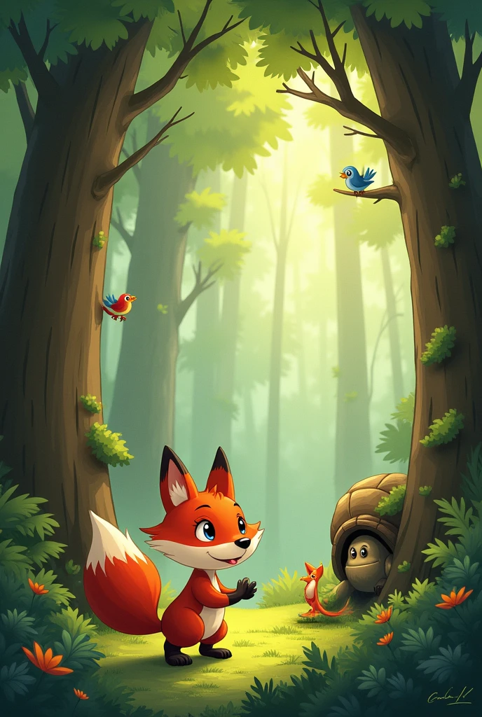 In the forest the little Fox was counting while everyone else was hiding.. Mrs. Turtle hid behind a big tree and the birds flew high into the sky..