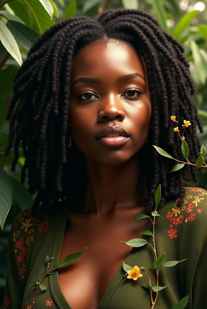 designs afro woman in nature with hyper-realistic dreadlocks 4k