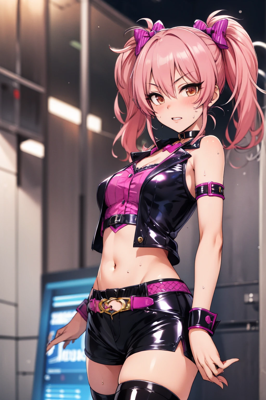  aamika, twintails, hair bow, idol clothes, choker, vest, wrist cuffs,, midriff,((latex shorts)),thighhighs,cowboy shot,sweating,looking viewer,pink hair