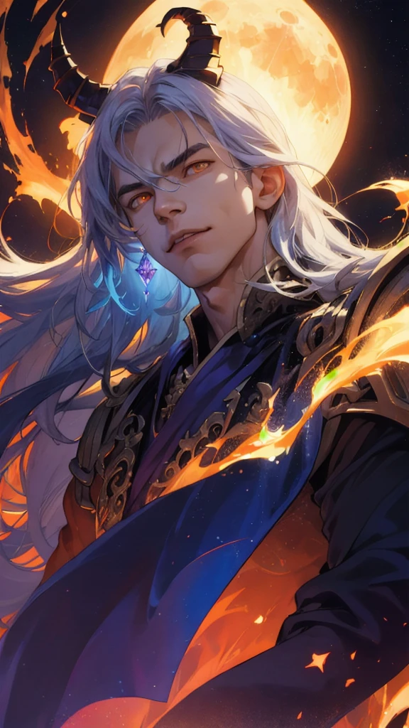 (absurdres, highres, ultra detailed), 1 male teen, young, handsome, tall muscular guy, broad shoulders, long white hair with bangs, orange eyes, dragon horns on head, smirking expression, sunset long sleeves, finely detailed eyes and detailed face, extremely detailed CG unity 8k wallpaper, intricate details, (style-swirlmagic:0.8), portrait, looking up, solo, half shot, detailed background, (warhammer fantasy theme:1.1) sinster, focusing, pursed lips, sorcrer, casting spell, hovering in air, (color waves), floating crystals, dynamic pose, color robe, hair flowing in the wind, arcane spell, mana, grim dark realistic lighting, moon background.)