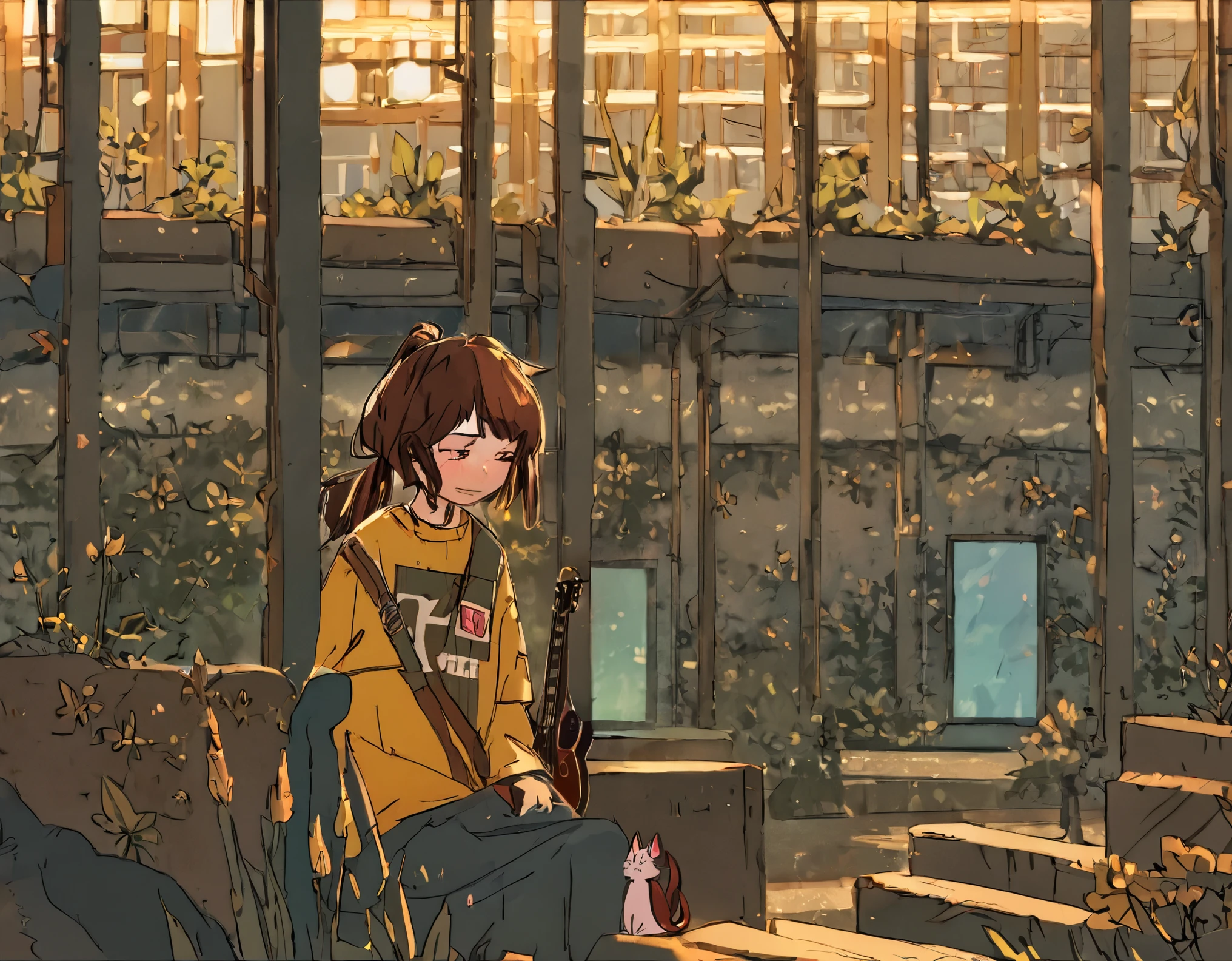 score_9, score_8_up, score_7_up, score_6_up, score_5_up, score_4_up, By Samara03, A girl sitting on a bench in an abandoned train station holding a guitar, wearing a T-yellow shirt with a pink kitty stamp on it, brown hair in a ponytail grainy texture, warm lighting, dramatic slanted lighting, afternoon, plants everywhere, cat sitting in the rubble, slice of life aeshthetic, wallpaper, 4k resolution, use of golden ratio, green and golden color scheme with blue undertones.