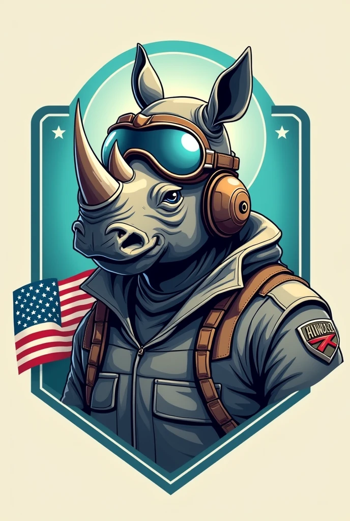 The emblem of a rhino dressed as an aviator and his name is rhino-01 and he has a flag patch on his shoulder, The flag has 3 stripes, two of its stripes are turquoise blue and are positioned at the top and bottom and in the middle a white stripe with 5 blue stars