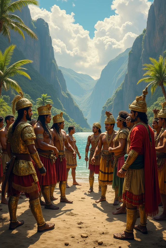 A meeting between Spaniards and indigenous people.
